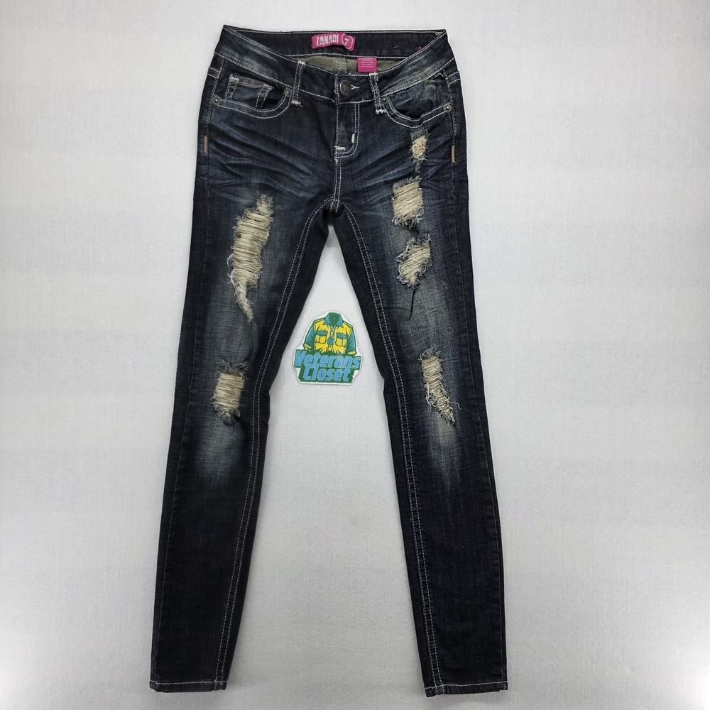 Zana Di Womens Jeans 7 Low Rise Medium Wash Distressed Embroidered Pockets